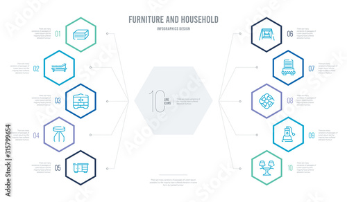 furniture and household concept business infographic design with 10 hexagon options. outline icons such as lamps, sump pump, heating unit, dehumidifier, porch swing, footstool