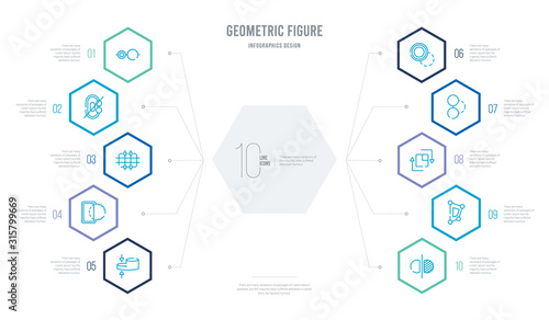 geometric figure concept business infographic design with 10 hexagon options. outline icons such as flip, perspective, transform, joint, foreground, intersection