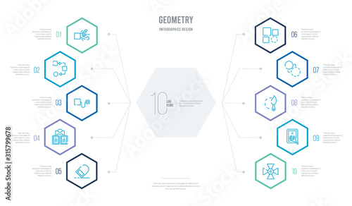 geometry concept business infographic design with 10 hexagon options. outline icons such as polygonal windmill, preview, quick selection, change, array, copy
