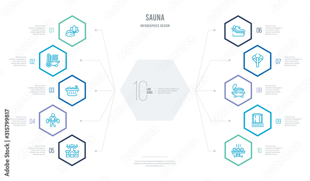 sauna concept business infographic design with 10 hexagon options. outline icons such as snow paradise®, sound stimulation, splashing, steam jet, tepidarium, vascular workout sauna concept business infographic design with 10 hexagon options. outline icons such as snow paradise®, sound stimulation, splashing, steam jet, tepidarium, vascular workout