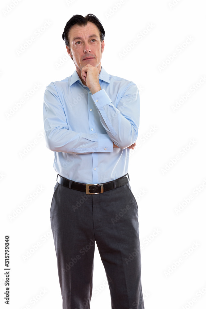 Studio shot of mature handsome businessman standing and thinking Studio shot of mature handsome businessman standing and thinking
