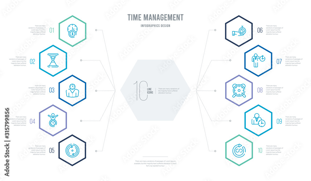 time management concept business infographic design with 10 hexagon options. outline icons such as infinite, event, reminder, hurry, save time, time manager time management concept business infographic design with 10 hexagon options. outline icons such as infinite, event, reminder, hurry, save time, time manager