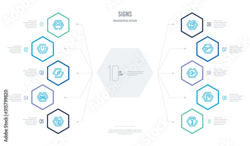 signs concept business infographic design with 10 hexagon options. outline icons such as pharmacy, u turn, mute, guns, gas station, taxi