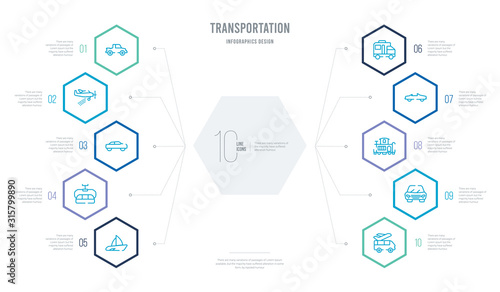 transportation concept business infographic design with 10 hexagon options. outline icons such as airport shuttle, automobile, caboose, cabriolet, camper car, chairlift