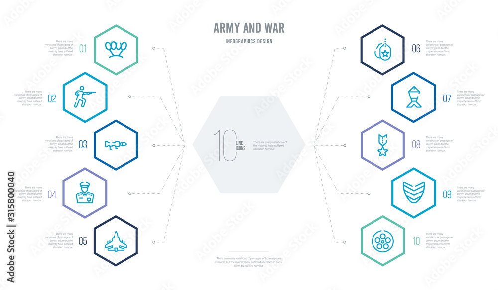 army and war concept business infographic design with 10 hexagon options. outline icons such as chamber, chevrons, condecoration, depth charge, dog tag, general