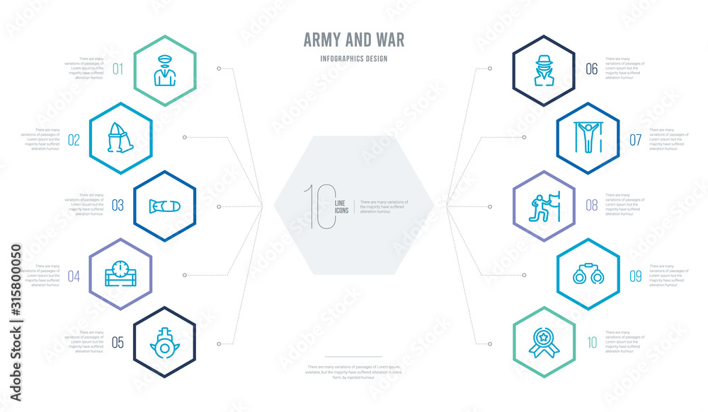 army and war concept business infographic design with 10 hexagon options. outline icons such as militaty medal, pair of handcuffs, patriot, pull up, secret agent, time bomb with clock army and war concept business infographic design with 10 hexagon options. outline icons such as militaty medal, pair of handcuffs, patriot, pull up, secret agent, time bomb with clock