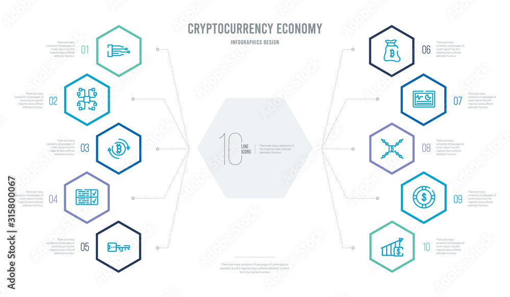cryptocurrency economy concept business infographic design with 10 hexagon options. outline icons such as budget diagram, casino chips, chains, crypto hash rate, crypto invest, crypto records