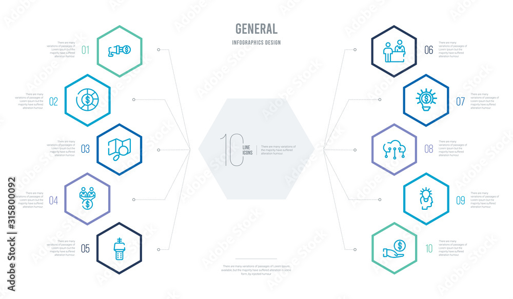 general concept business infographic design with 10 hexagon options. outline icons such as initial coin offering, inspiration, internet of things, invention, job interview, lead conversion general concept business infographic design with 10 hexagon options. outline icons such as initial coin offering, inspiration, internet of things, invention, job interview, lead conversion