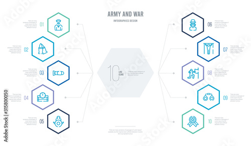 army and war concept business infographic design with 10 hexagon options. outline icons such as militaty medal, pair of handcuffs, patriot, pull up, secret agent, time bomb with clock
