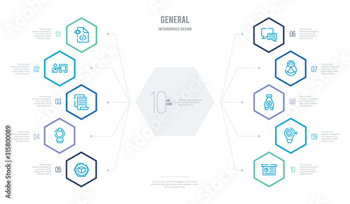 general concept business infographic design with 10 hexagon options. outline icons such as marketing plan, marketing strategy, massage oil, matryoshka, message app, mri scanner