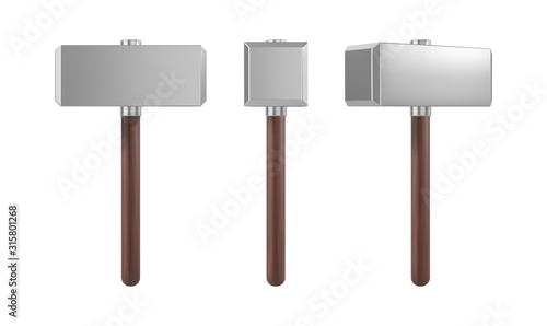 Realistic metal hammer with wooden handle set. Weapon of Thor. Vector illustration.
