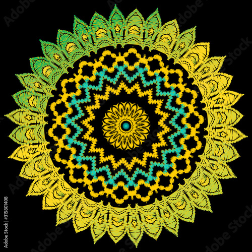 Tapestry colorful round mandala  pattern. Embroidery ornamental vector background. Ethnic tribal flowers  swirls  shapes. Textured  fabric pattern.  Patterned ornate embroidered carpet ornaments