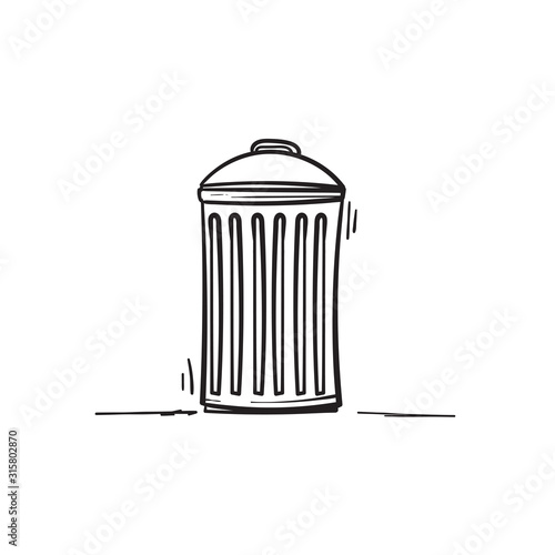 hand drawn Trash can garbage dustbin waste. Trashcan basket empty bucket.isolated