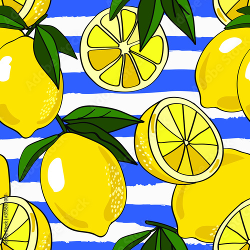 Vector seamless repeat pattern with bold yellow lemons and leaves on bright blue and white grunge torn ripped textured stripe