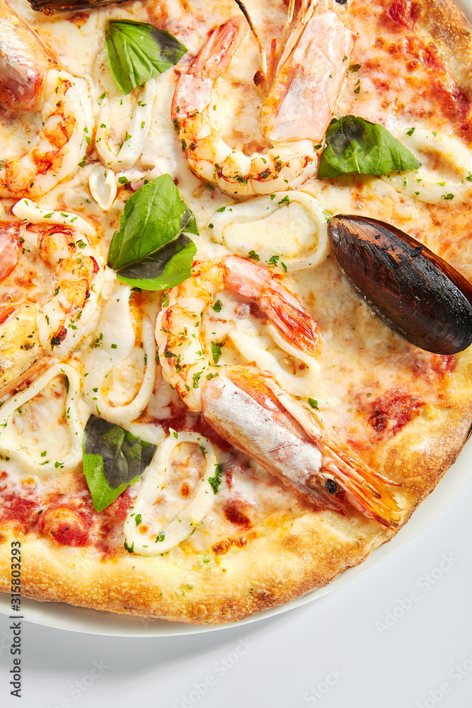 Italian Seafood Pizza with Squid, Mussels and Shrimps