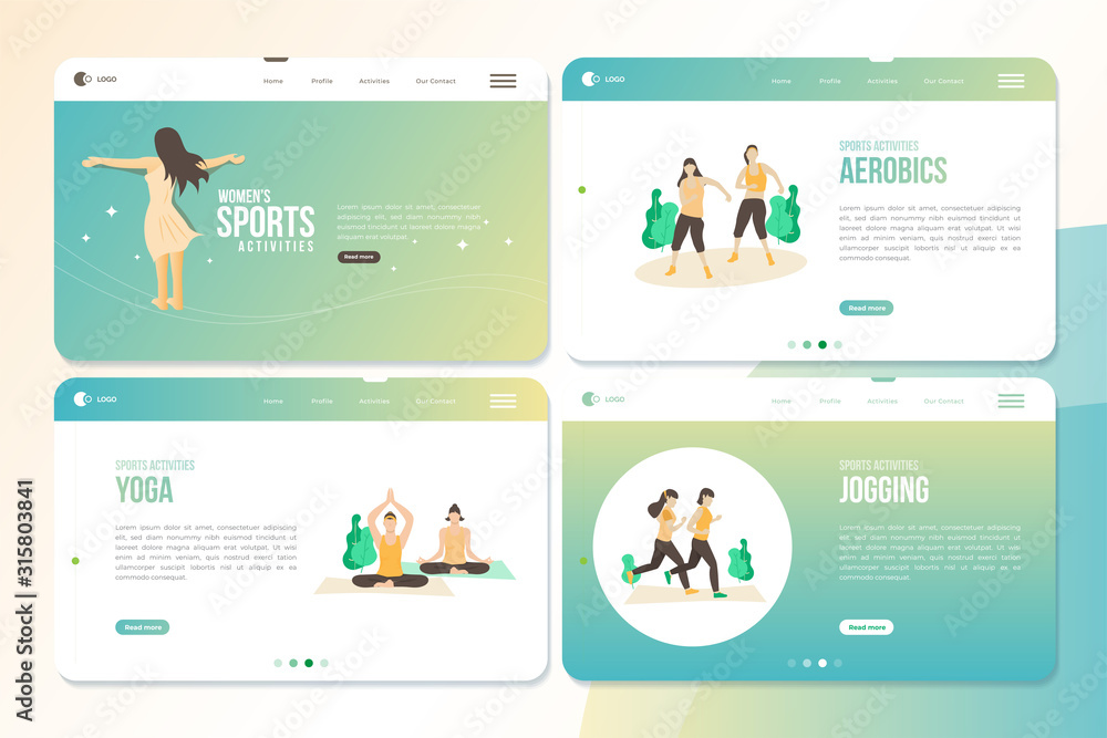 Women's sport activities on landing page set Women's sport activities on landing page set