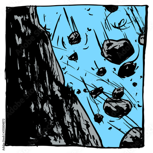Stones flying and rolling off a cliff. Color illustration, perfect for use in publications, packaging, posters, souvenirs, t-shirt prints.