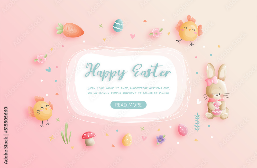 Happy Easter with cute bunny and Easter eggs in paper cut style vector illustration.