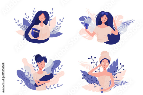 Woman lifecycle stages from studying to aging. Female chracter in different life situations, study, give birth and care baby, make up. Vector illustration in cartoon style.
