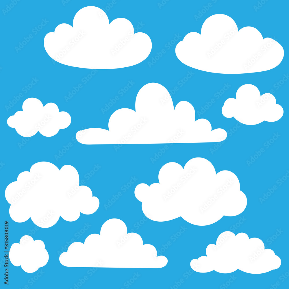 hand drawn Cloud collection. Abstract white cloudy set isolated on blue background. Vector illustration.doodle