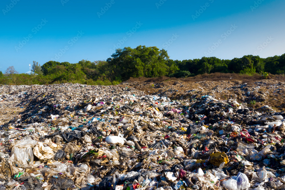 Plastic pollution in a landfill garbage dump