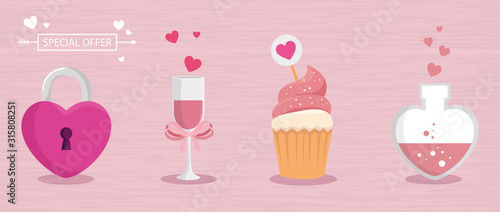 cup champagne with set icons for san valentines day