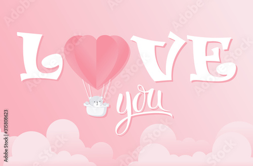 Valentine heart balloon with teddy bear on pink background. Love postcard for Happy Mother's, Valentine's Day or birthday greeting card design. Space for your text.