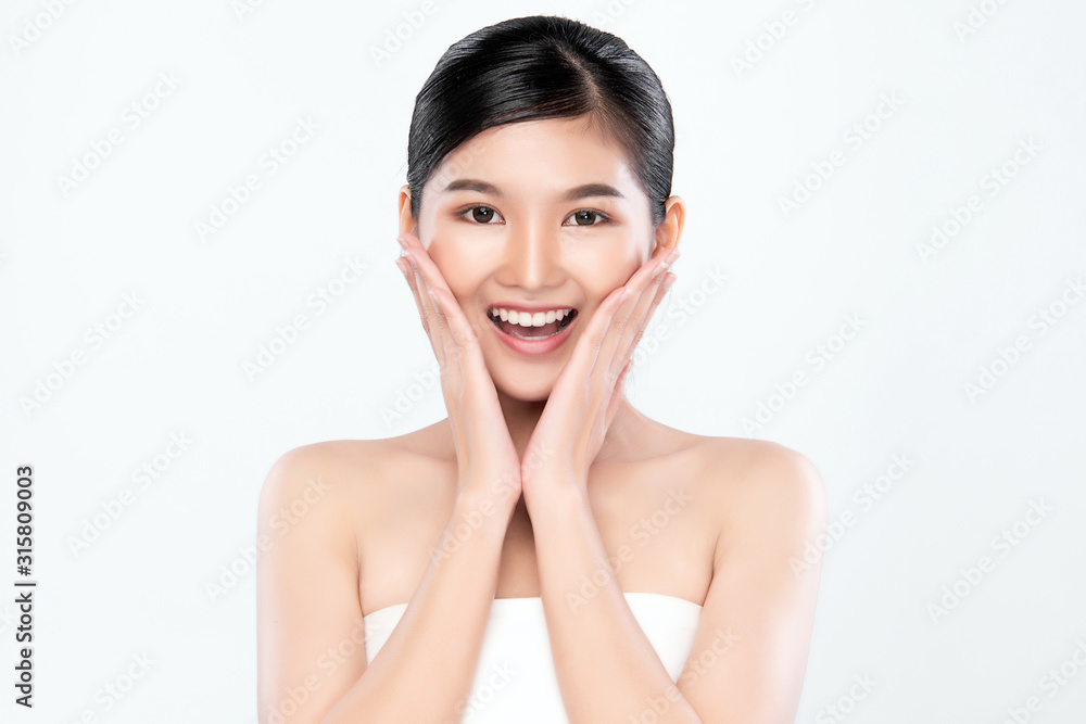 Portrait beautiful young asian woman clean fresh bare skin concept. Asian girl beauty face skincare and health wellness, Facial treatment, Perfect skin, Natural make up, on white background Portrait beautiful young asian woman clean fresh bare skin concept. Asian girl beauty face skincare and health wellness, Facial treatment, Perfect skin, Natural make up, on white background