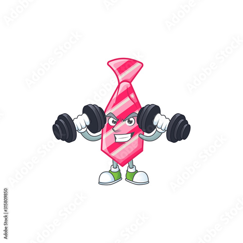 Fitness exercise pink stripes tie mascot icon with barbells