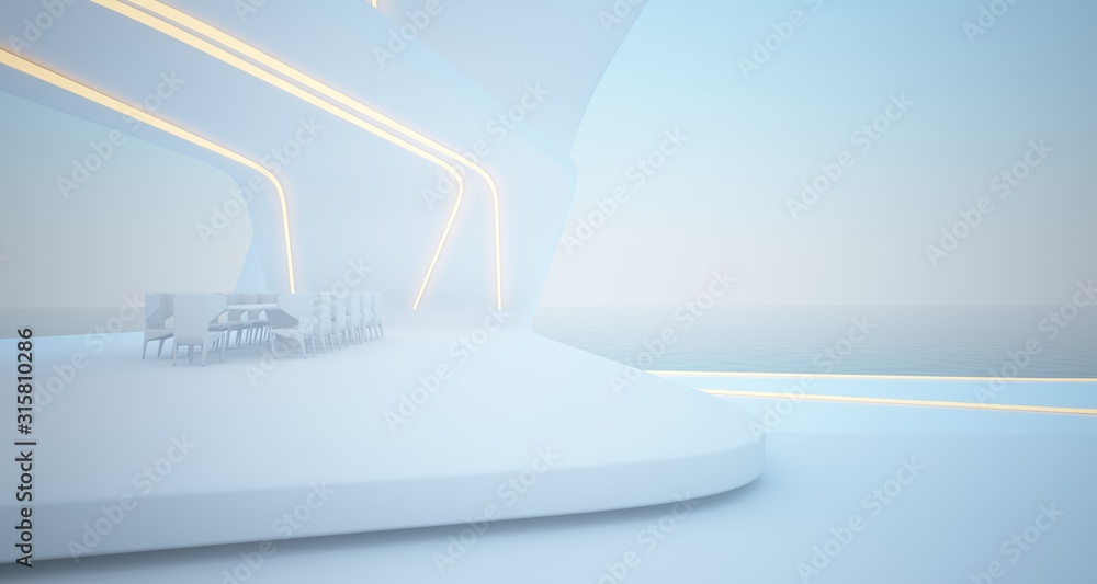 Abstract architectural white interior of a modern villa on the sea with swimming pool and neon lighting. 3D illustration and rendering. Abstract architectural white interior of a modern villa on the sea with swimming pool and neon lighting. 3D illustration and rendering.