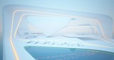 Abstract architectural white interior of a modern villa on the sea with swimming pool and neon lighting. 3D illustration and rendering.