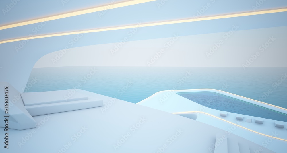 Abstract architectural white interior of a modern villa on the sea with swimming pool and neon lighting. 3D illustration and rendering. Abstract architectural white interior of a modern villa on the sea with swimming pool and neon lighting. 3D illustration and rendering.