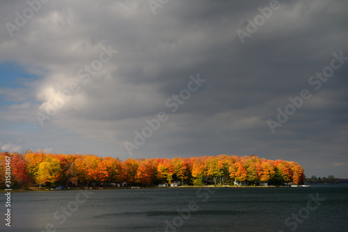 Cottages on Lake Eugenia with red sidelit maple trees and storm clouds