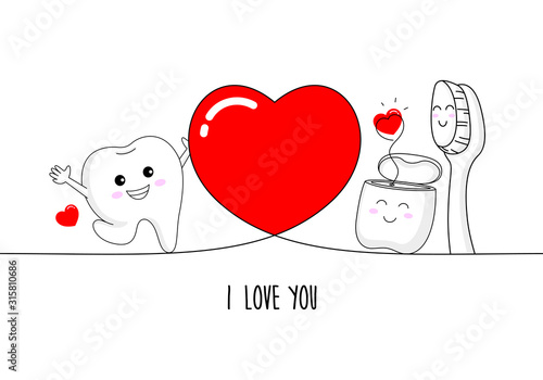 Cute cartoon tooth with dental floss and toothbrush in love. Dental care concept. Happy valentine's day. Cartoon character design. Vector illustration isolated on white background.