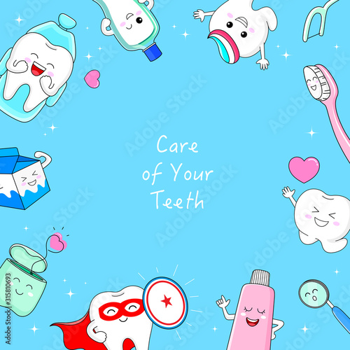 Cute cartoon tooth character with dental care equipment. Care  of your teeth concept. Vector illustration isolated on blue background.