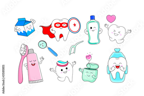 Cute cartoon tooth character with mouthwash, toothbrush, toothpaste, dental floss and with dental care equipment. Dental care concept. Vector illustration isolated on white background.