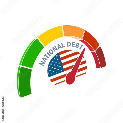 National debt meter read high level of national debt result. Color scale with arrow from green to red. The measuring device icon. Colorful infographic gauge element. National flag of USA
