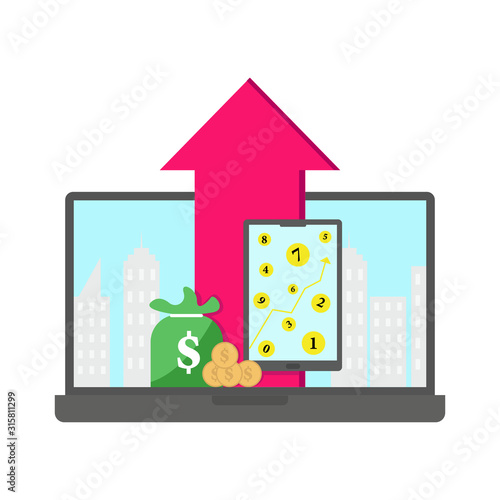 vector illustration design concepts  Bitcoin business with laptop computer. Commerce, ebusiness.