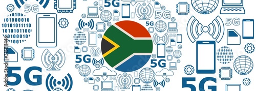 Mobile gadgets technology relative vector image. Circle frame with technology thin line icons. 5G Network Symbol. Flag of the South Africa