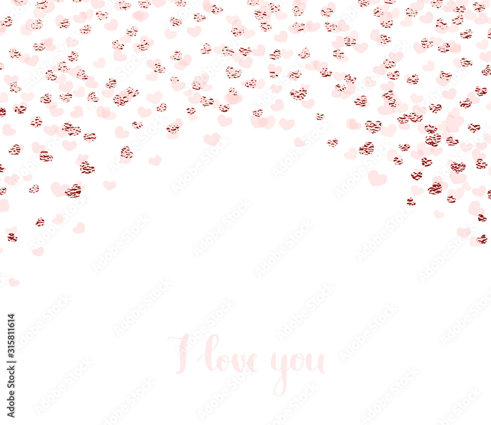 Happy Valentine day background with rose gold glitter heart confetti. 