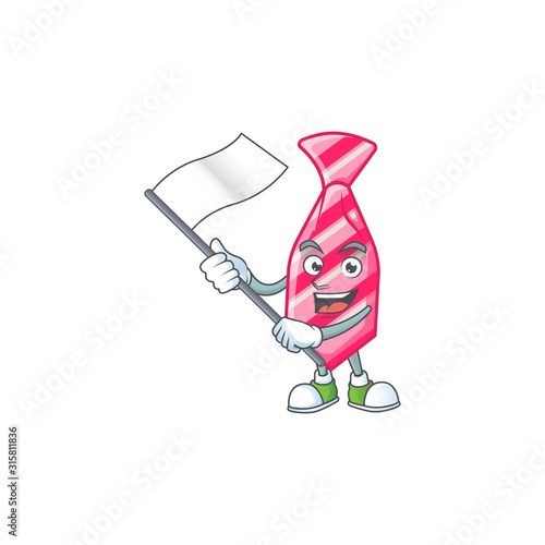 Funny pink stripes tie cartoon character style holding a standing flag