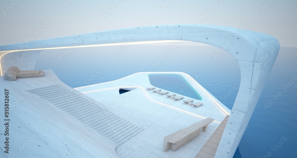 Obraz premium Abstract architectural concrete, wood and glass interior of a modern villa on the sea with swimming pool and neon lighting. 3D illustration and rendering.