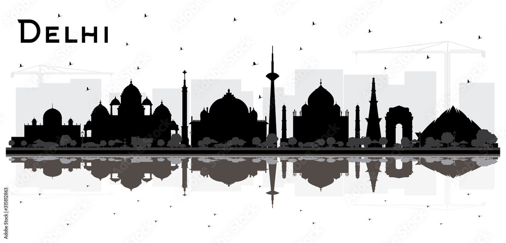 Delhi India City Skyline Black and White Silhouette with Reflections.