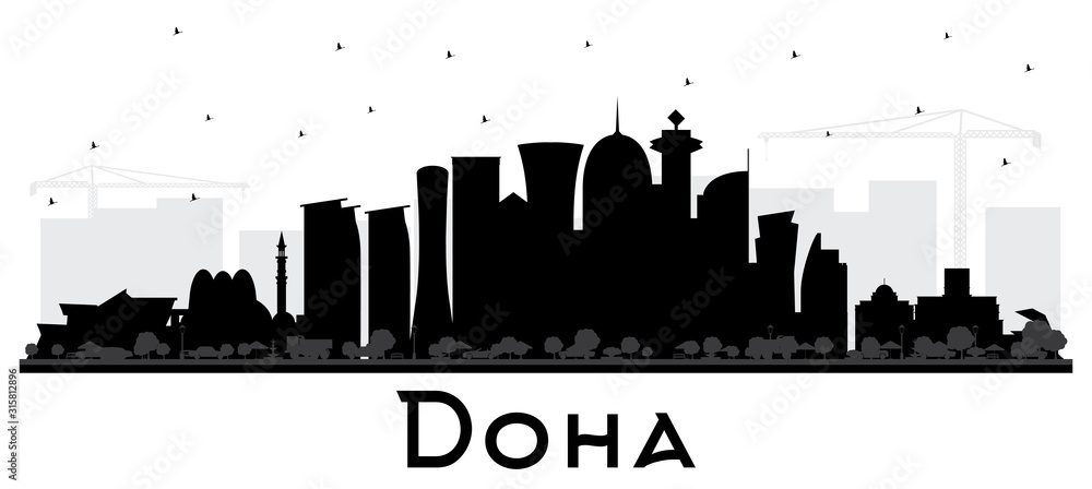 Doha Qatar City Skyline Silhouette with Black Buildings Isolated on White.