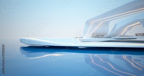 Abstract architectural concrete, wood and glass interior of a modern villa on the sea with swimming pool and neon lighting. 3D illustration and rendering. © SERGEYMANSUROV