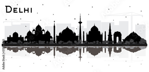 Delhi India City Skyline Black and White Silhouette with Reflections.
