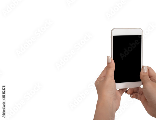 Close up hand holding phone black screen free from copy space with clipping path on white background.