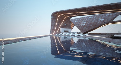 Abstract architectural concrete and rusted metal of a modern villa on the sea with swimming pool and neon lighting. 3D illustration and rendering.