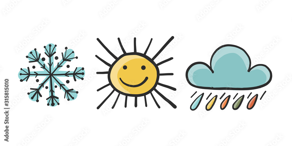 Weather icons set. Snow sun and rain. Sketch for your design Weather icons set. Snow sun and rain. Sketch for your design