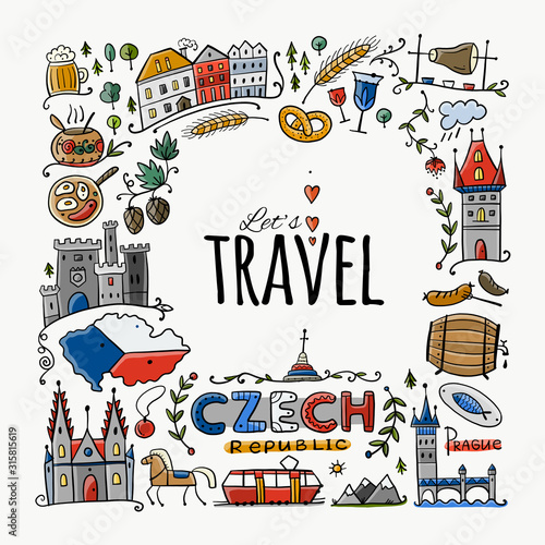 Czech Republic. Travel illustration with Czech landmarks, people and food